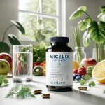 Micelix supplement bottle with natural ingredients like herbs and fruits displayed in a clean setting