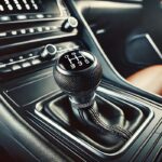 A close-up of a stylish gear knob in a modern car interior.