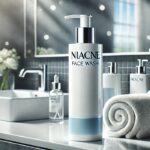 Niacne Face Wash bottle placed on a bathroom counter with skincare products and towels.