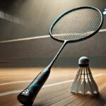 Yonex Nanoray 7000i badminton racket placed on a wooden court floor with a shuttlecock beside it.
