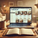 The Doublelist website interface displayed on a laptop in a cozy setting with coffee and notepad on a wooden desk.