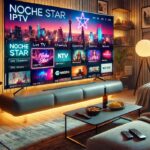 Noche Star IPTV interface displaying a vibrant streaming service on a modern TV in a cozy living room setup.