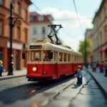 soviet tram lego street scene with detailed bricks and vintage setting